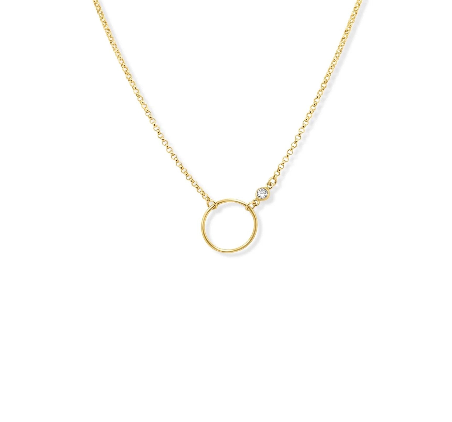 Gold filled circle necklace with cz stone on white background - Camille Jewelry