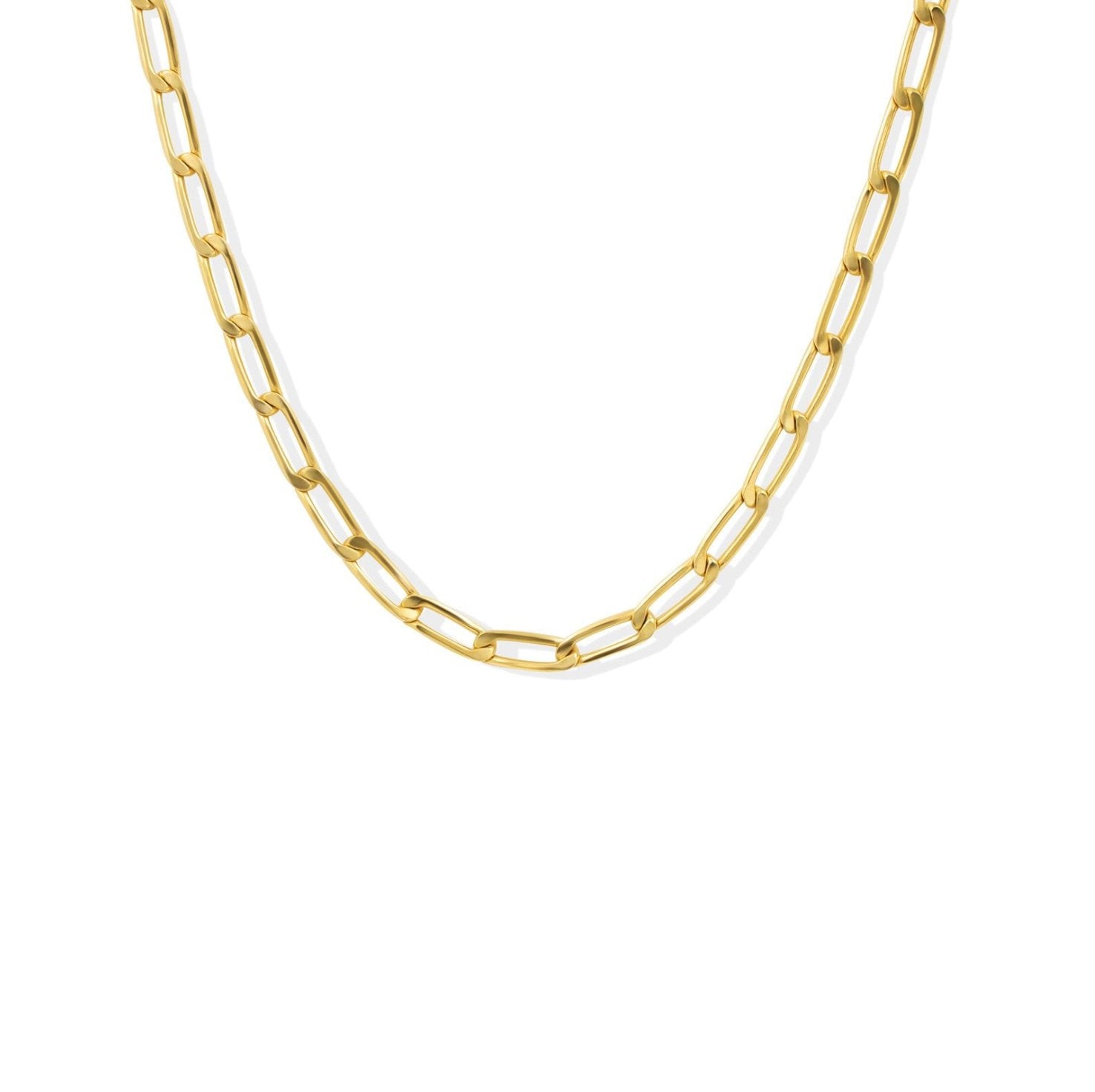 Elongated curb chain necklace on white background - Camille Jewelry