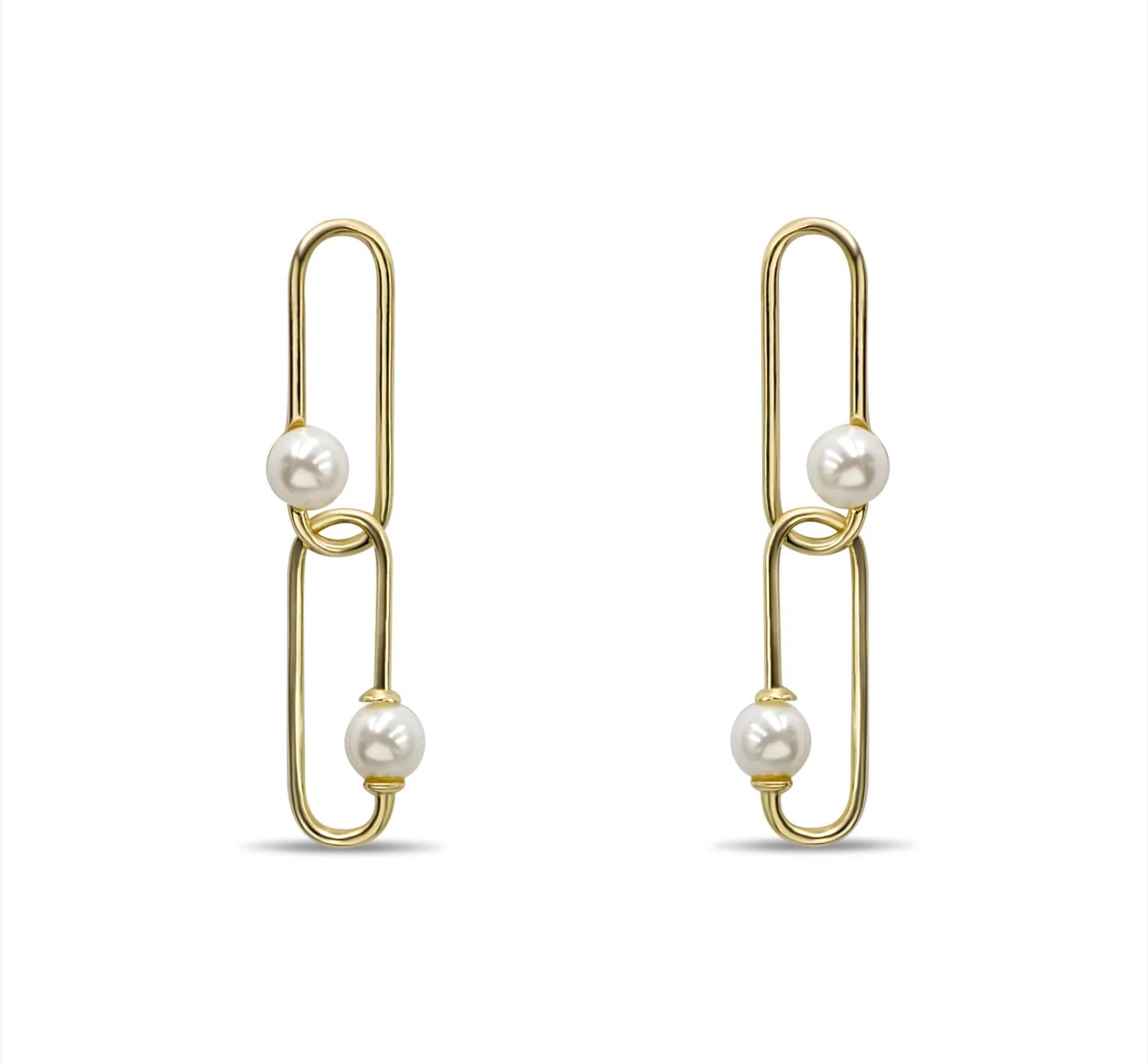 Gold link earrings with pearls on white background- Camille Jewelry