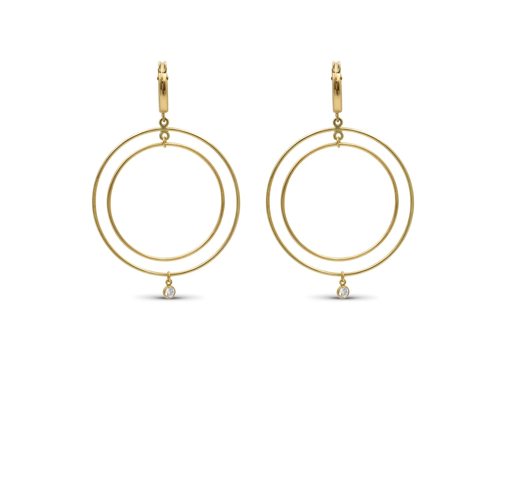 Double gold hoop earrings with charm on white background- Camille Jewelry