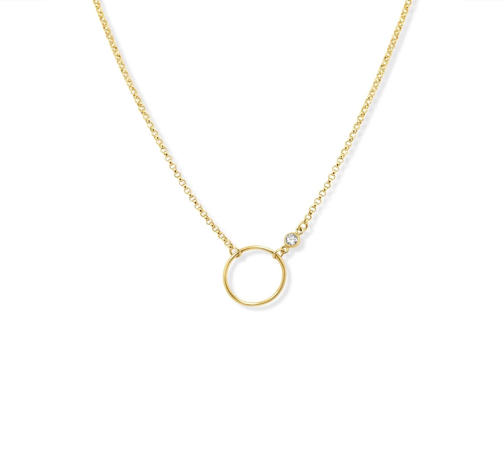 Circle gold filled necklace with cz station on white background - Camille Jewelry
