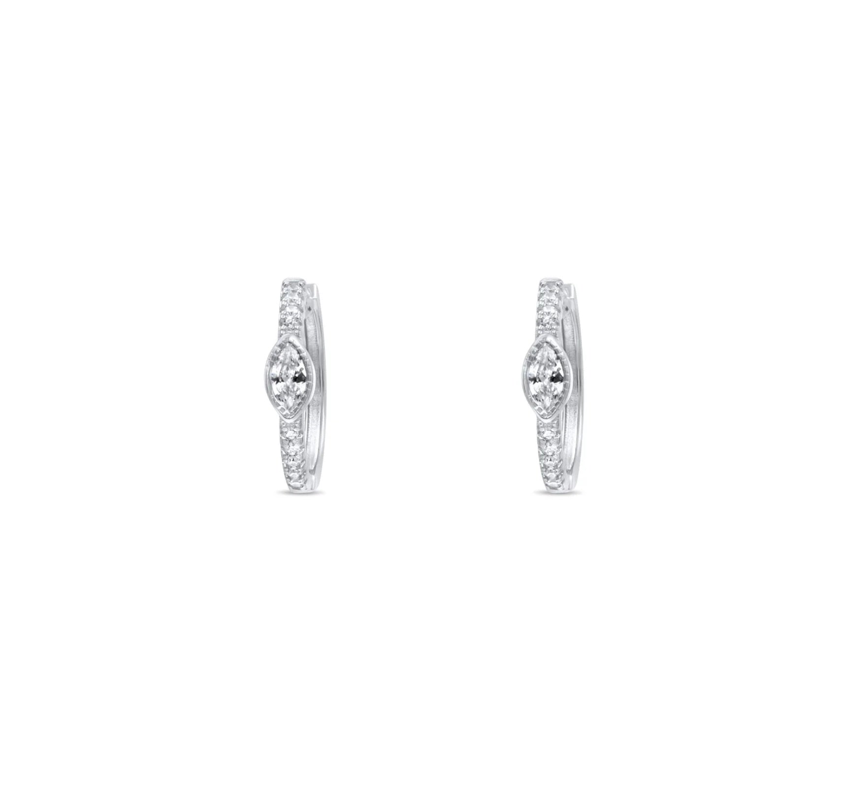 Marquise style small hoop earrings on white background - Camille Jewelry