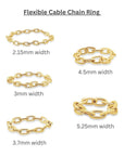 Flexible yellow Gold Cable Chain Rings in different sizes on a white background - Camille Jewelry