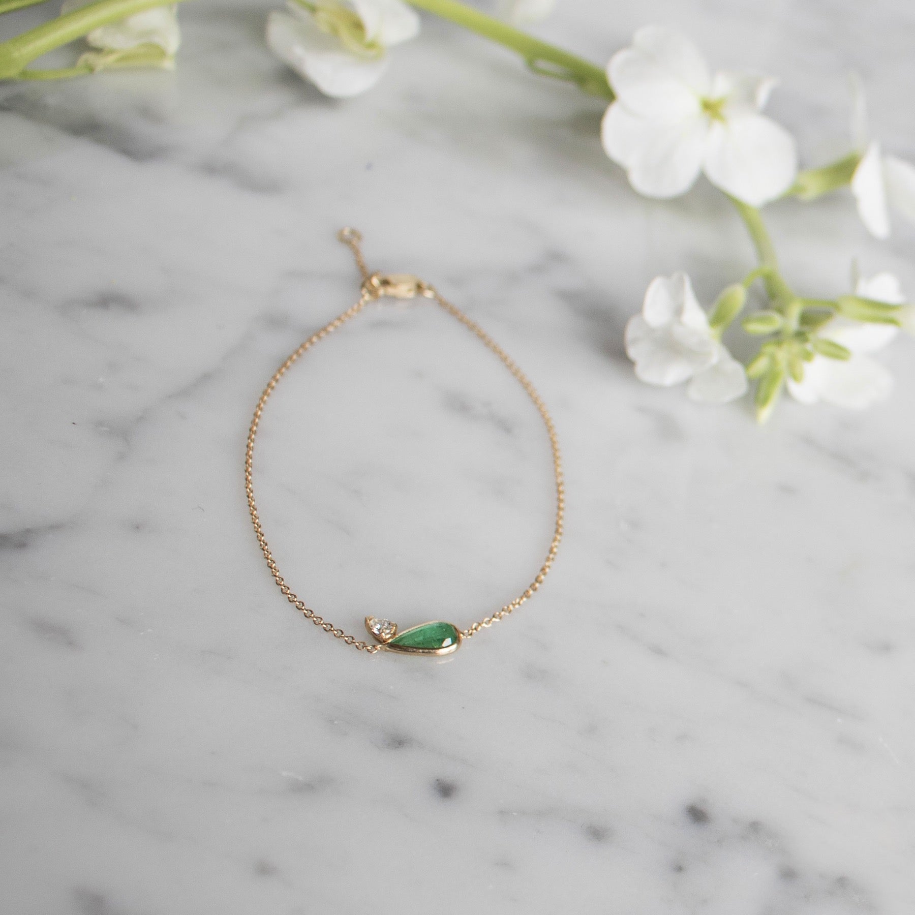 14K Gold Emerald & Diamond Teardrop Bracelet - Camille Jewelry