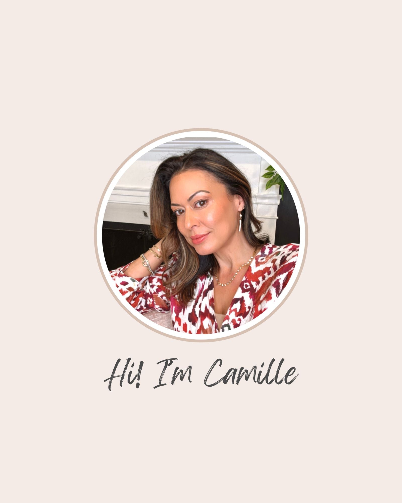 Circular profile picture of a woman with text 'Hi! I'm Camille' on a light beige background - Designer from Camille Jewelry