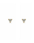 Tiny diamond stud earring in yellow gold worn on model’s ear, Camille Jewelry