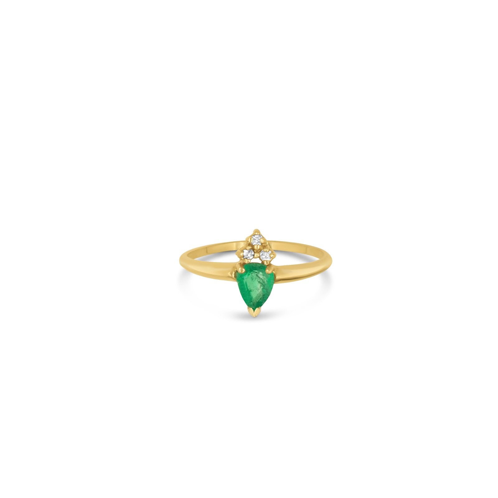 Close up view of the Venus 14K Gold Emerald Pear Ring with Diamonds