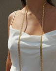 Anuket Gold Scarf Necklace with long chains on models neck– Versatile Layered Fashion Jewelry - Camille Jewelry