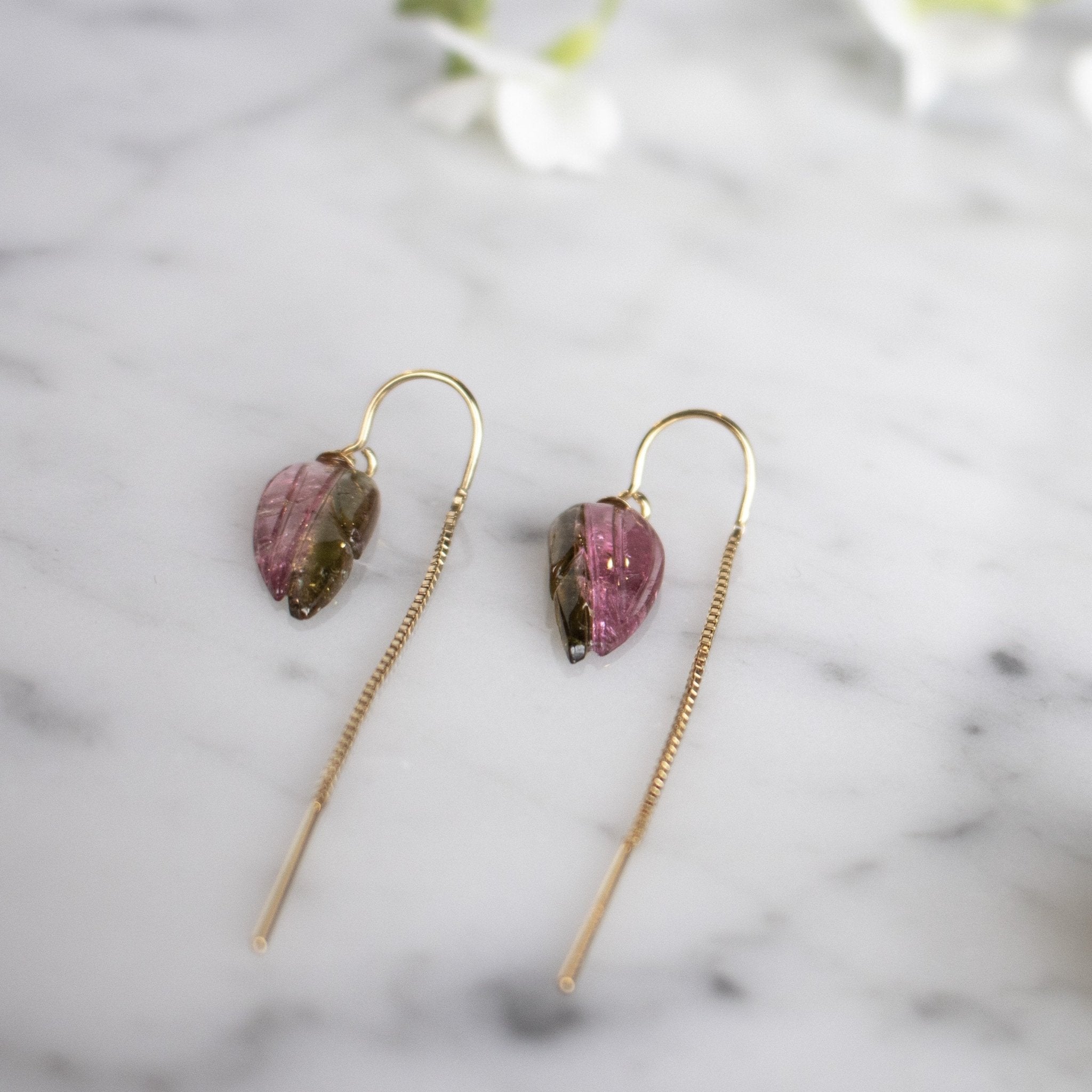 Carved Pink Tourmaline Earrings - One Of A Kind - Camille Jewelry