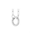 Circle charm holder necklace in 14K yellow gold with a hinged ring pendant on a white background angled view by Camille Jewelry