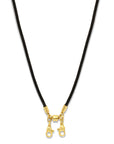 Black cord strap necklace lanyard with gold plating on a white background - Camille Jewelry