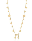 Gold plated disc charm convertible necklace and eyeglass chain on a white background by Camille Jewelry.