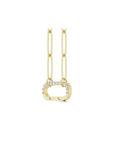 Diamond charm holder necklace in 14K yellow gold with a pavé set hinged clip on a paperclip chain on a white background angled view by Camille Jewelry