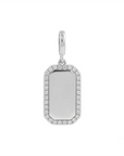 Back view of a diamond dog tag charm in 14K white gold engraved with an initial by Camille Jewelry