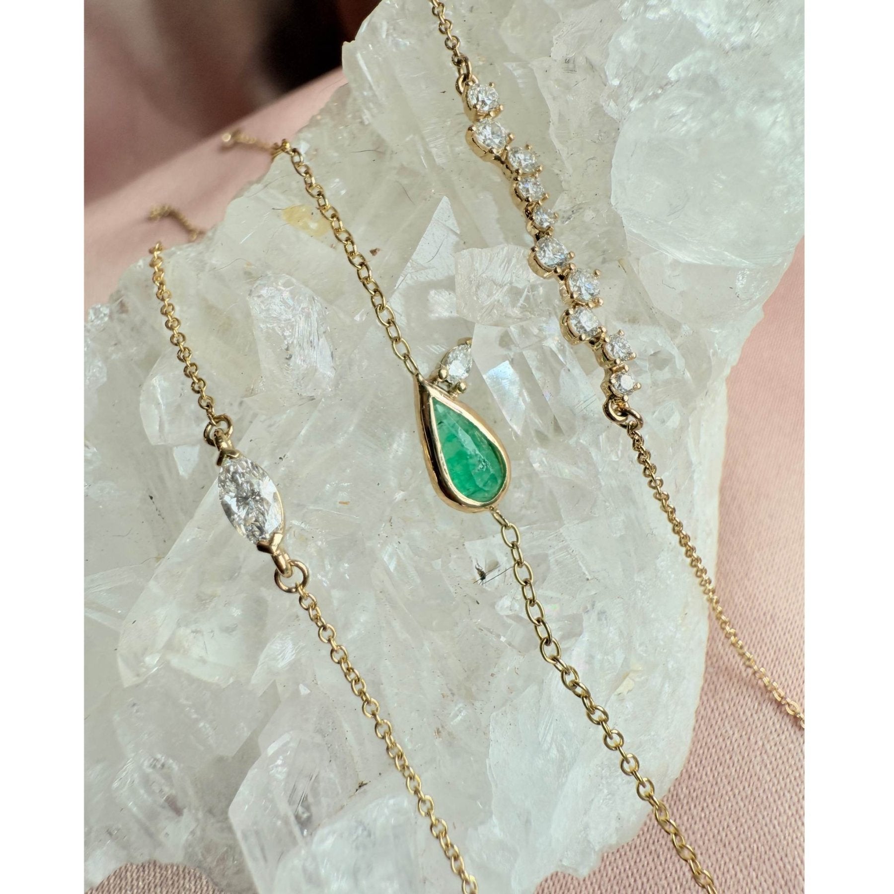 Diamond Emerald Bracelet – 14K Gold Pear - Shaped Emerald with Diamond Accent - Camille Jewelry