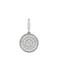 Diamond pavé disc charm in solid 14K white gold with a round pavé diamond face and a gold lobster clasp bail by Camille Jewelry.