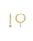 14K yellow gold Dangle Drilled Diamond Hoop Earrings on a white background - Camille Jewelry