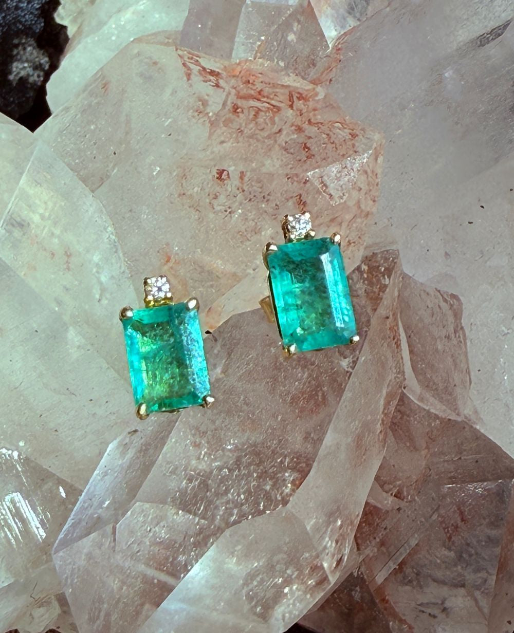 14K yellow gold Emerald Stud Earrings with diamond accent by Camille Jewelry