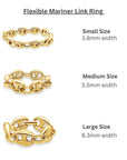 Flexible 14K yellow gold mariner chain ring with puffy links on a white background inforgraphics by Camille Jewelry