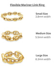 Flexible 14K yellow gold mariner chain ring with puffy links on a white background inforgraphics by Camille Jewelry