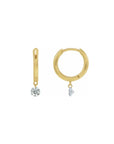 14K yellow gold Dangle Drilled Diamond Hoop Earrings on a white background - Camille Jewelry