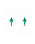Kite cut lab created emerald stud earrings in 14K white gold on a white background by Camille Jewelry