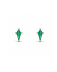 Kite cut lab created emerald stud earrings in 14K yellow gold on a white background by Camille Jewelry