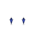 Kite cut lab created sapphire stud earrings in 14K white gold on a white background by Camille Jewelry