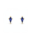 Kite cut lab created sapphire stud earrings in 14K yellow gold on a white background by Camille Jewelry