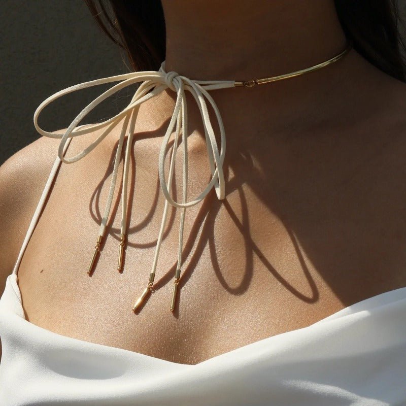 Gold Collar Suede Scarf Necklace ( Multiple Colorways) - Camille Jewelry