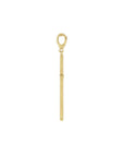 Side profile of a gold cross charm in 14K yellow gold showing the clip bail and knife edge depth by Camille Jewelry