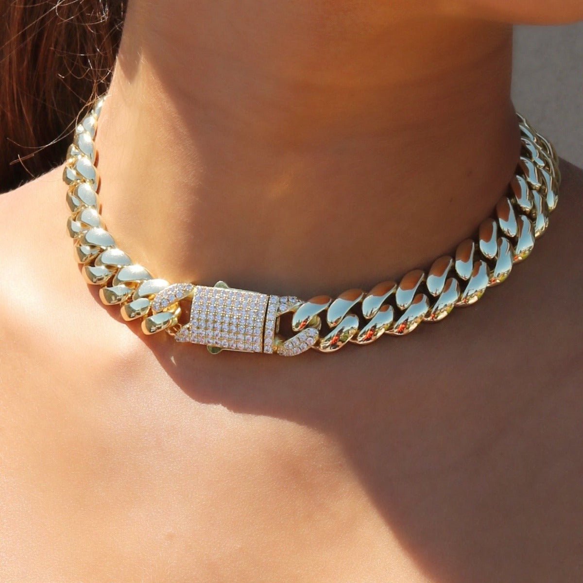 Gold Curb Chain Pave Lock Necklace - Camille Jewelry