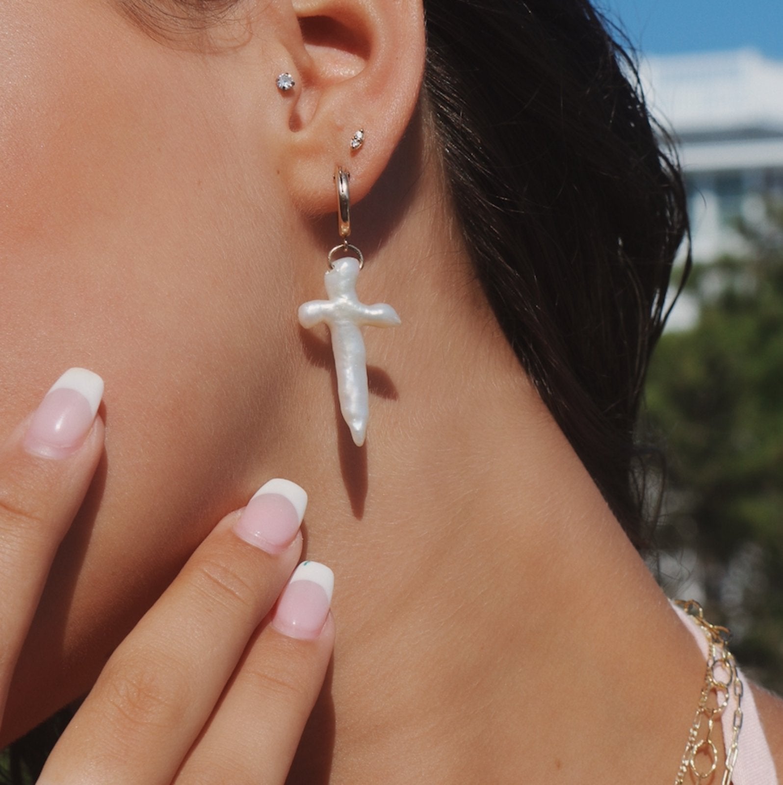 Gold Filled - Freshwater Pearl Cross Huggie Earrings - Camille Jewelry