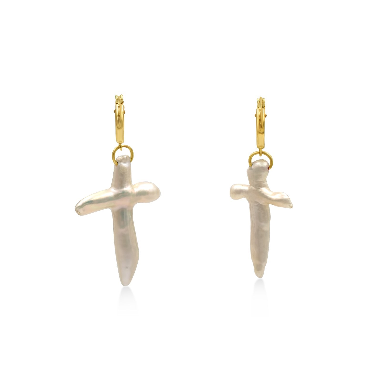 Gold Filled - Freshwater Pearl Cross Huggie Earrings - Camille Jewelry