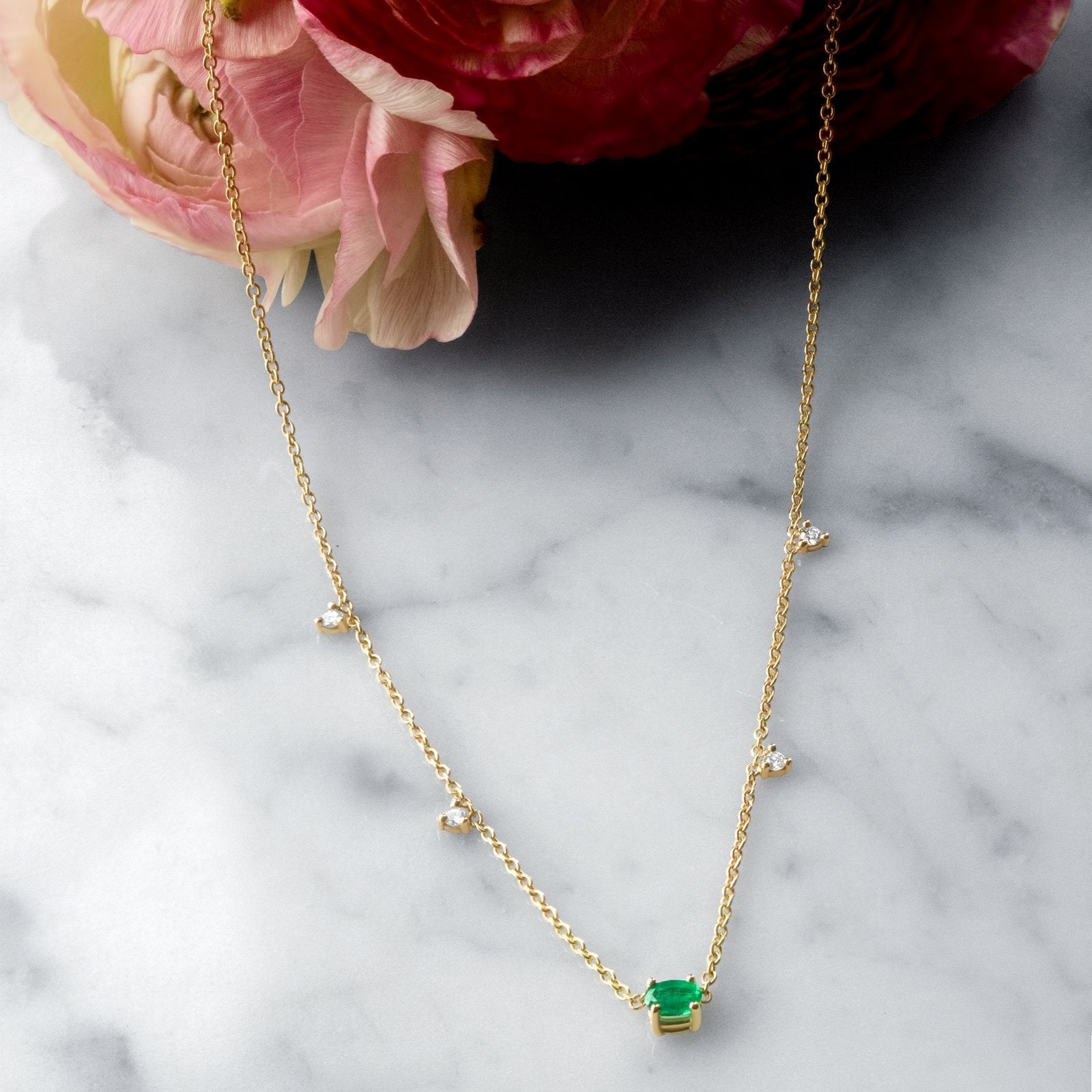 Kelly - 14K Gold Emerald & Diamond Station Necklace - Camille Jewelry