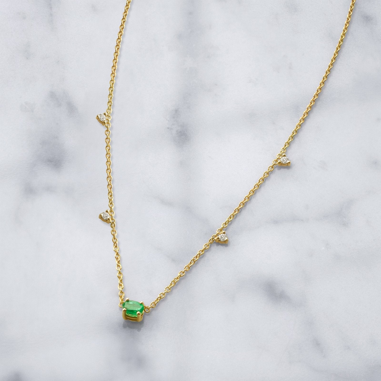 Kelly - 14K Gold Emerald &amp; Diamond Station Necklace - Camille Jewelry