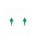 Kite cut lab created emerald stud earrings in 14K white gold on a white background by Camille Jewelry
