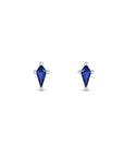 Kite cut lab created sapphire stud earrings in 14K white gold on a white background by Camille Jewelry