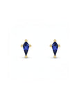 Kite cut lab created sapphire stud earrings in 14K yellow gold on a white background by Camille Jewelry