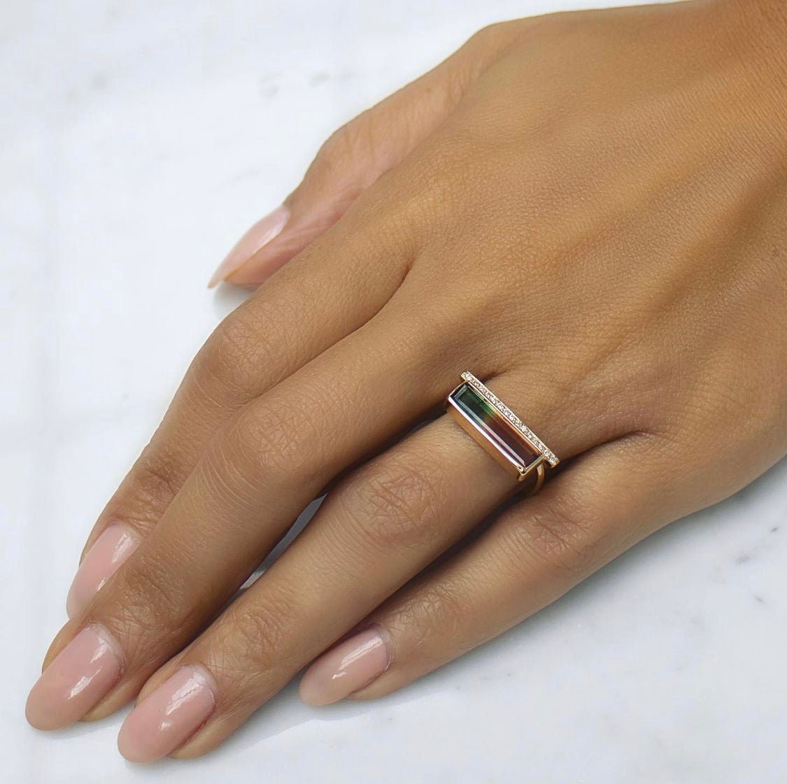 Luna- Tourmaline Gemstone & Diamond Bar Ring - Camille Jewelry