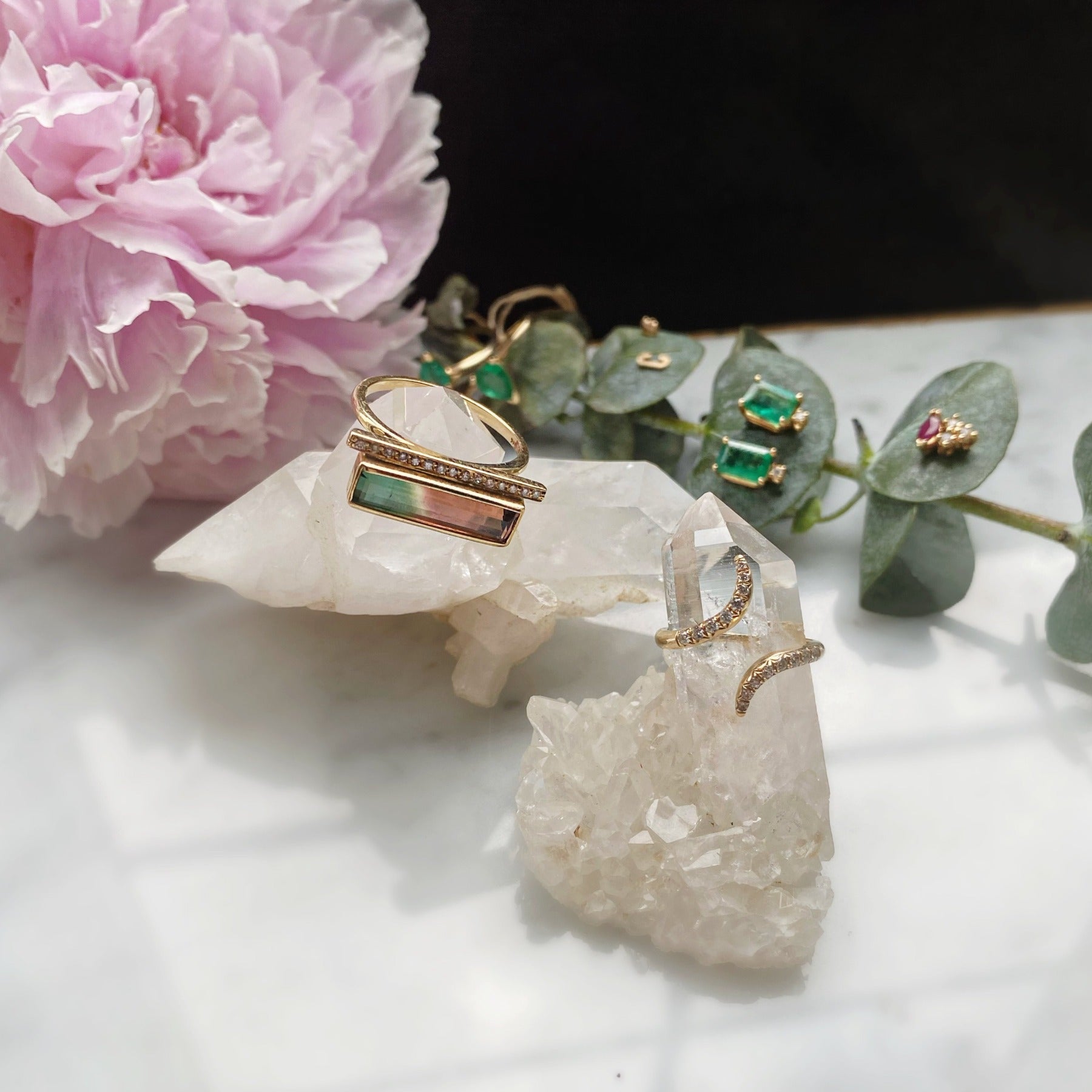 Tourmaline Gemstone &amp; Diamond Ring with other gemstone earrings on display - Camille Jewelry