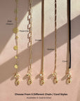 Magnetic convertible bar chain necklace in gold plated brass on a pink background Choose from 5 different chain cord styles by Camille Jewelry