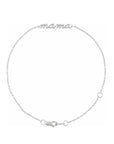14K white gold petite script Mama Bracelet on a white background Camille Jewelry