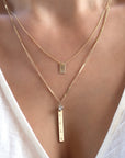 14K gold filled Mini Plaque Personalized Necklace with other chain styles on a models neck- Camille Jewelry