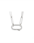 Oval charm holder necklace in 14K white gold with a hinged oval pendant on a white background front view by Camille Jewelry