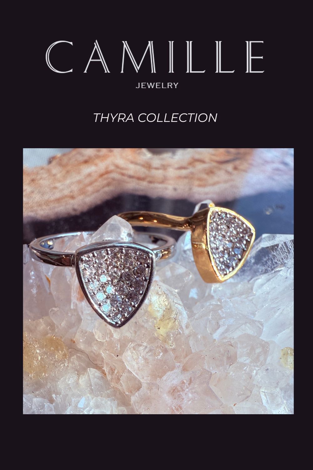 Gold & Silver Trillion Stackable Rings on a display– Concave Pavé Everyday Bands - Camille Jewelry
