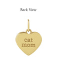 Back view of a heart shaped paw print charm in 14K yellow gold engraved with cat mom by Camille Jewelry