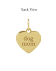 Back view of a heart shaped paw print charm in 14K yellow gold engraved with dog mom by Camille Jewelry