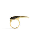 Phoenix Beak Crossover Ring with black spinel gemstones on a white background side view - Camille Jewelry