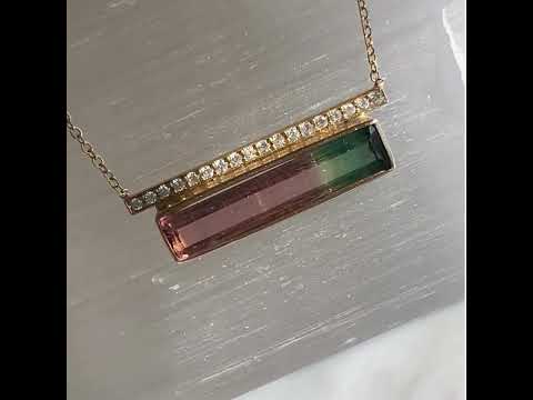 Watermelon tourmaline diamond bar necklace in 14k yellow gold video | Camille Jewelry